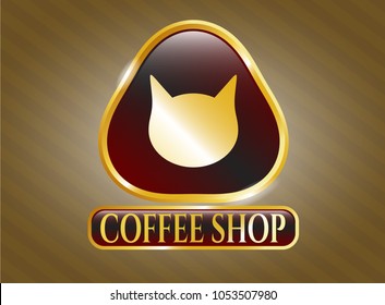  Golden emblem or badge with cat face icon and Coffee Shop text inside