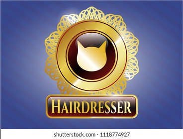  Golden emblem or badge with cat face icon and Hairdresser text inside