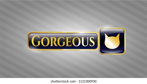  Golden emblem or badge with cat face icon and Gorgeous text inside