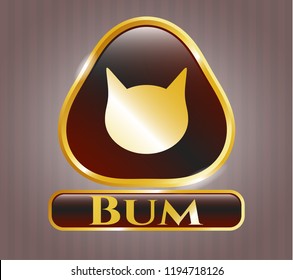  Golden emblem or badge with cat face icon and Bum text inside