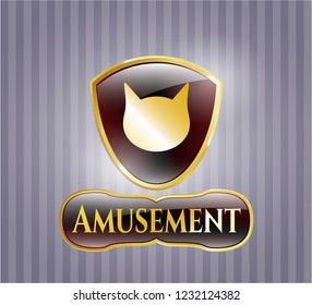  Golden emblem or badge with cat face icon and Amusement text inside