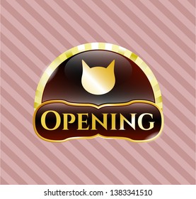  Golden emblem or badge with cat face icon and Opening text inside