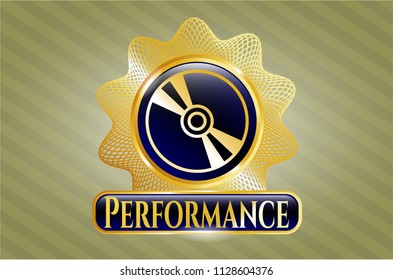  Golden emblem or badge with CD or DVD disc icon and Performance text inside