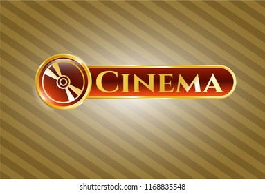  Golden emblem or badge with CD or DVD disc icon and Cinema text inside