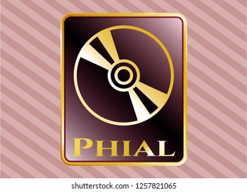  Golden emblem or badge with CD or DVD disc icon and Phial text inside