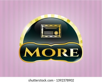  Golden emblem or badge with certificate icon and More text inside