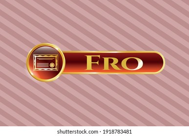 Golden emblem or badge with certificate icon and Fro text inside