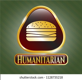  Golden emblem or badge with cheeseburger icon and Humanitarian text inside
