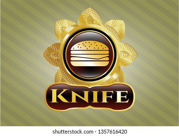  Golden emblem or badge with cheeseburger icon and Knife text inside