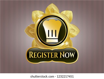  Golden emblem or badge with chef hat icon and Register Now text inside