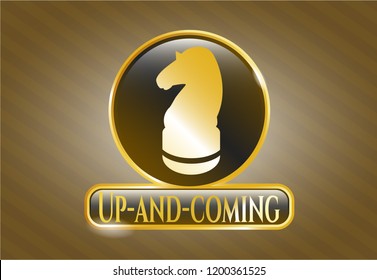  Golden emblem or badge with chess knight icon and Up-and-coming text inside