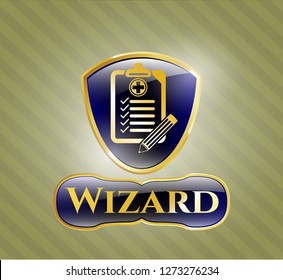 Golden emblem or badge with clinic history icon and Wizard text inside