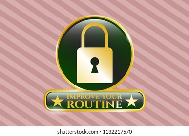  Golden emblem or badge with closed lock icon and Improve your routine text inside