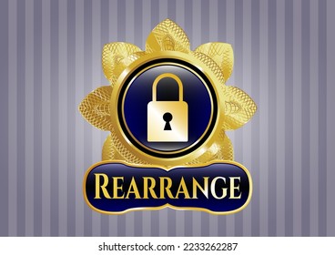 Golden emblem or badge with closed lock icon and Rearrange text inside