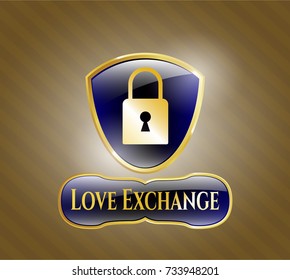  Golden emblem or badge with closed lock icon and Love Exchange text inside