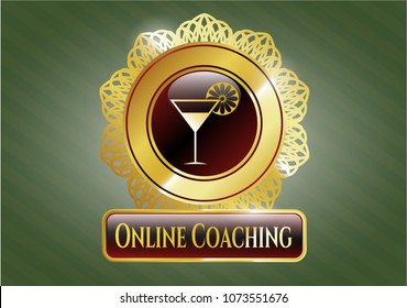   Golden emblem or badge with cocktail glass icon and Online Coaching text inside