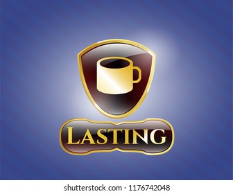  Golden emblem or badge with coffee cup icon and Lasting text inside
