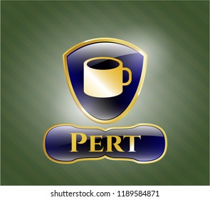  Golden emblem or badge with coffee cup icon and Pert text inside
