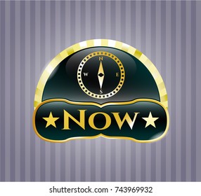  Golden emblem or badge with compass icon and Now text inside