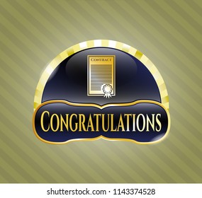  Golden emblem or badge with contract icon and Congratulations text inside