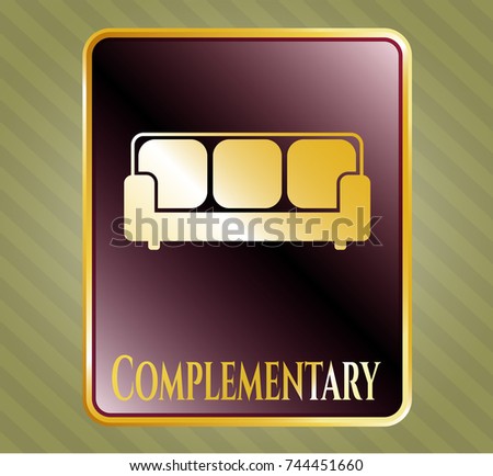  Golden emblem or badge with couch icon and Complementary text inside