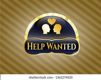  Golden emblem or badge with couple in love icon and Help Wanted text inside