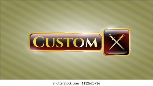   Golden emblem or badge with crossed swords icon and Custom text inside