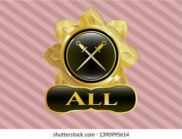  Golden emblem or badge with crossed swords icon and All text inside