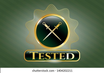  Golden emblem or badge with crossed swords icon and Tested text inside