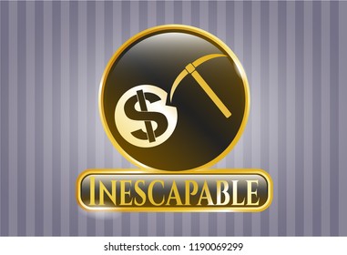  Golden emblem or badge with cryptocurrency mining icon and Inescapable text inside
