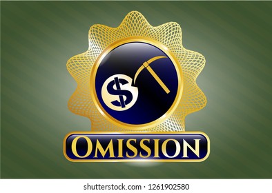 Golden emblem or badge with cryptocurrency mining icon and Omission text inside