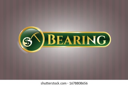  Golden emblem or badge with cryptocurrency mining icon and Bearing text inside