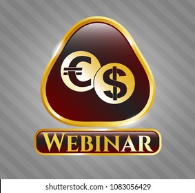   Golden emblem or badge with currency exchange icon and Webinar text inside
