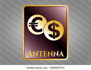  Golden emblem or badge with currency exchange icon and Antenna text inside