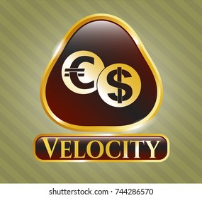  Golden emblem or badge with currency exchange icon and Velocity text inside