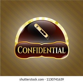  Golden emblem or badge with cutter icon and Confidential text inside