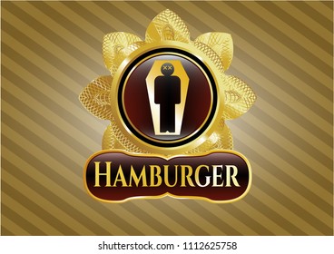   Golden emblem or badge with dead man in his coffin icon and Hamburger text inside