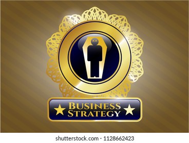  Golden emblem or badge with dead man in his coffin icon and Business Strategy text inside