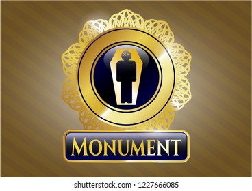  Golden emblem or badge with dead man in his coffin icon and Monument text inside