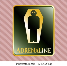  Golden emblem or badge with dead man in his coffin icon and Adrenaline text inside