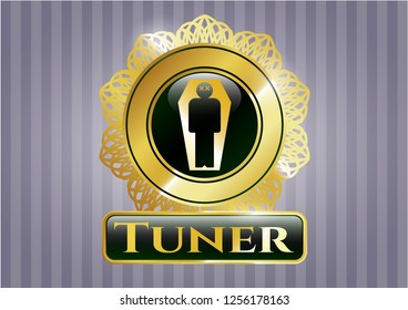  Golden emblem or badge with dead man in his coffin icon and Tuner text inside