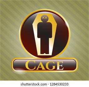  Golden emblem or badge with dead man in his coffin icon and Cage text inside