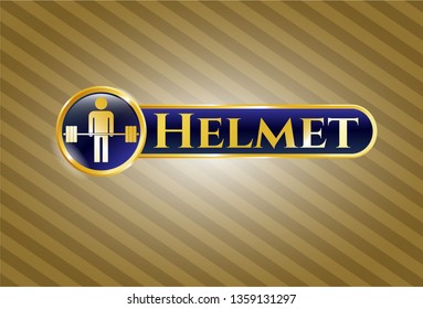  Golden emblem or badge with deadlift icon and Helmet text inside