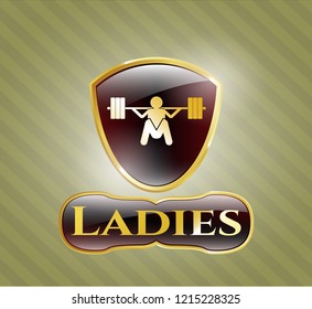  Golden emblem or badge with deep squat icon and Ladies text inside