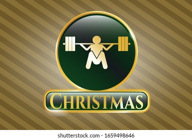  Golden emblem or badge with deep squat icon and Christmas text inside