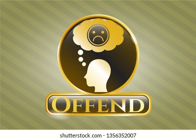  Golden emblem or badge with depression icon and Offend text inside