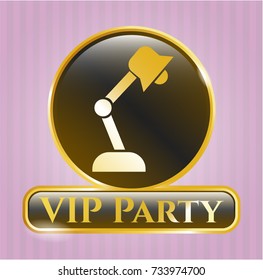  Golden emblem or badge with desk lamp icon and VIP Party text inside