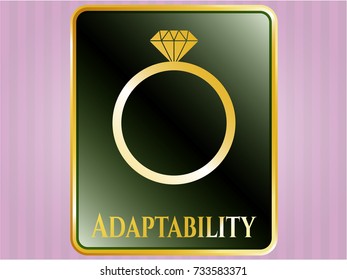  Golden emblem or badge with diamond ring icon and Adaptability text inside