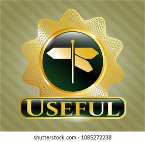 Golden emblem or badge with directions sign icon and Useful text inside