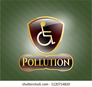  Golden emblem or badge with disabled (wheelchair) icon and Pollution text inside